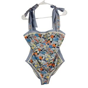 Visual Swim Reversible Floral One Piece Swimsuit Blue Tie Shoulder Scarf Print